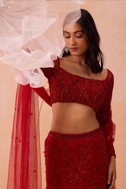 Red Fishtail  Lehanga Set